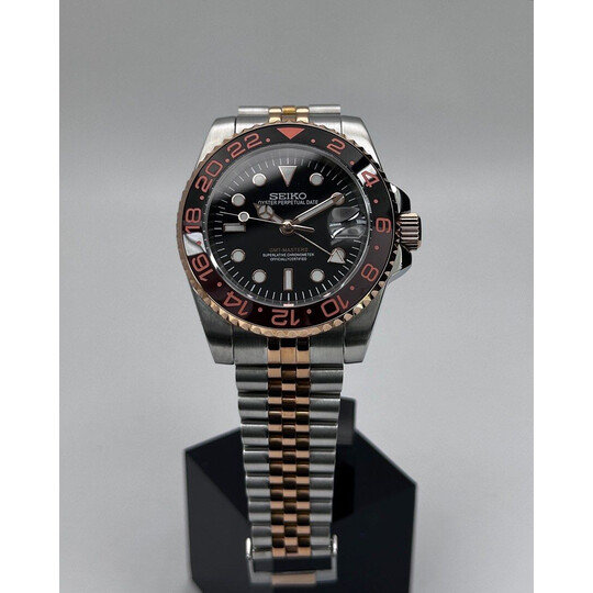 Custom Seiko Mod • Rose Gold Steel Automatic GMT Master 2 • 40mm